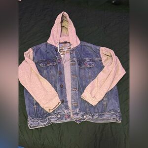 Vintage Men's Blue Denim Jacket with Gray Hood